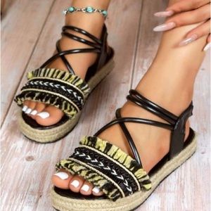 YASIRUN - Black & Beige Fringe Espadrille Sandal - size 41 (9) - new